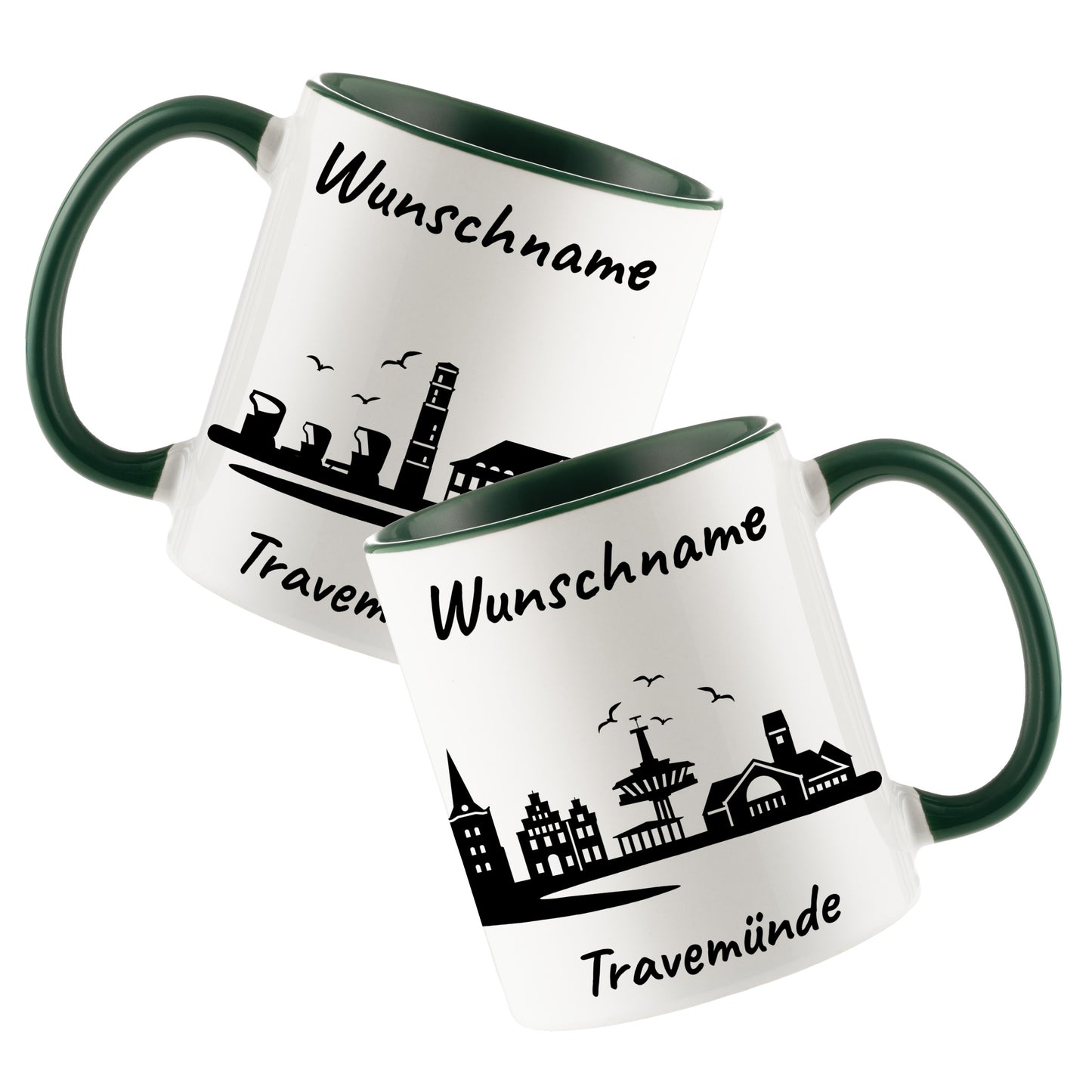 Tasse in Dunkelgrün 330ml bedruckt mit der Skyline von Travemünde personalisierbar mit Wunschname