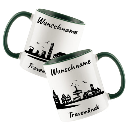 Tasse in Dunkelgrün 330ml bedruckt mit der Skyline von Travemünde personalisierbar mit Wunschname