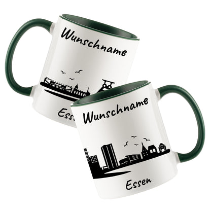 Tasse in Dunkelgrün 330ml bedruckt mit der Skyline von Essen personalisierbar mit Wunschname