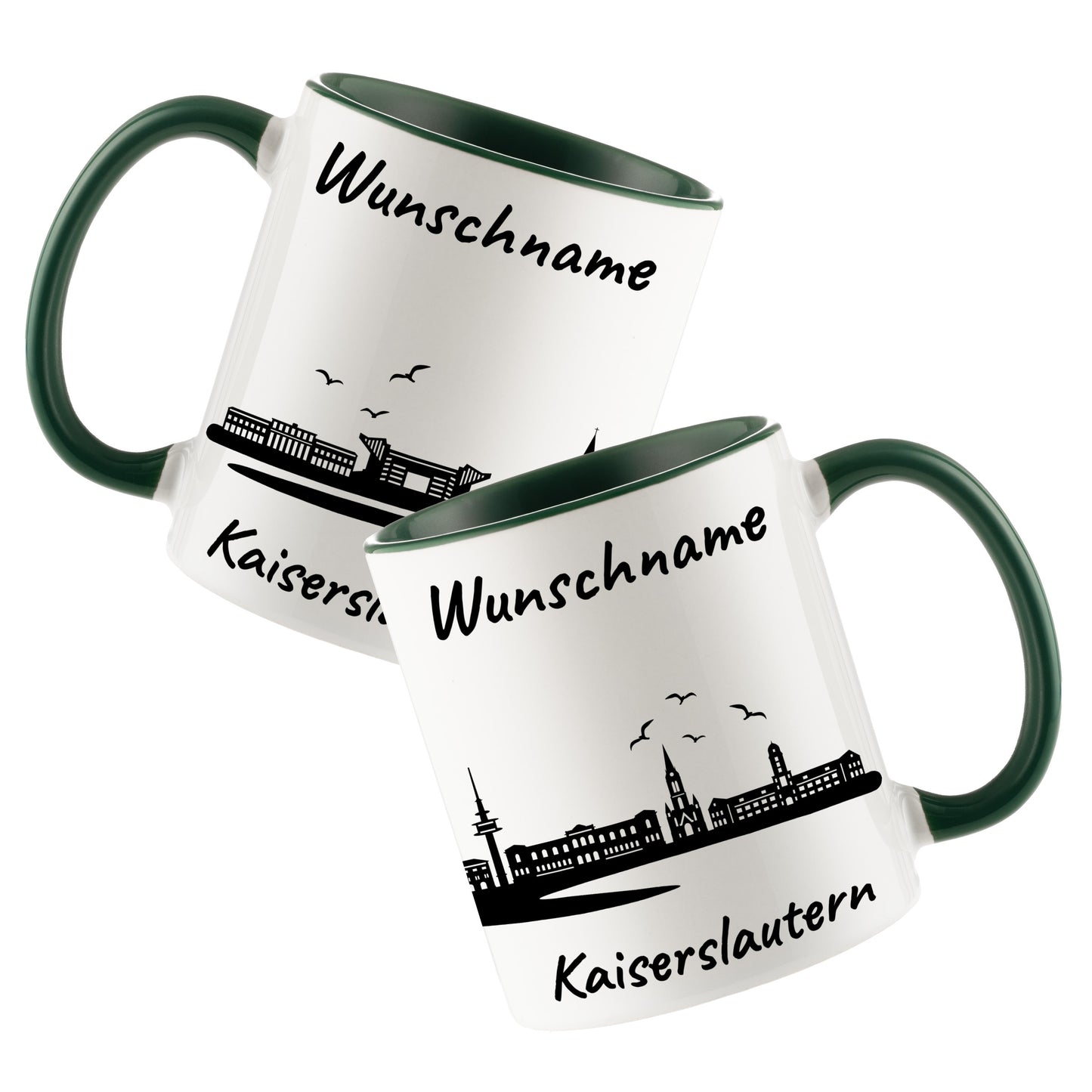 Tasse in Dunkelgrün 330ml bedruckt mit der Skyline von Kaiserslautern personalisierbar mit Wunschname