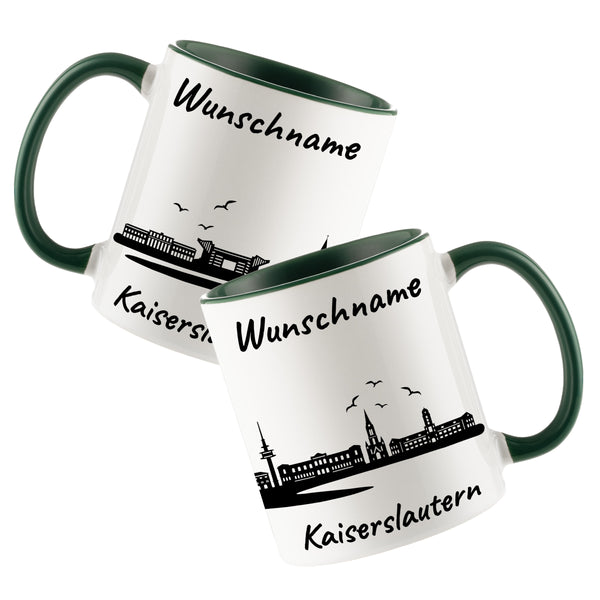 Tasse in Dunkelgrün 330ml bedruckt mit der Skyline von Kaiserslautern personalisierbar mit Wunschname