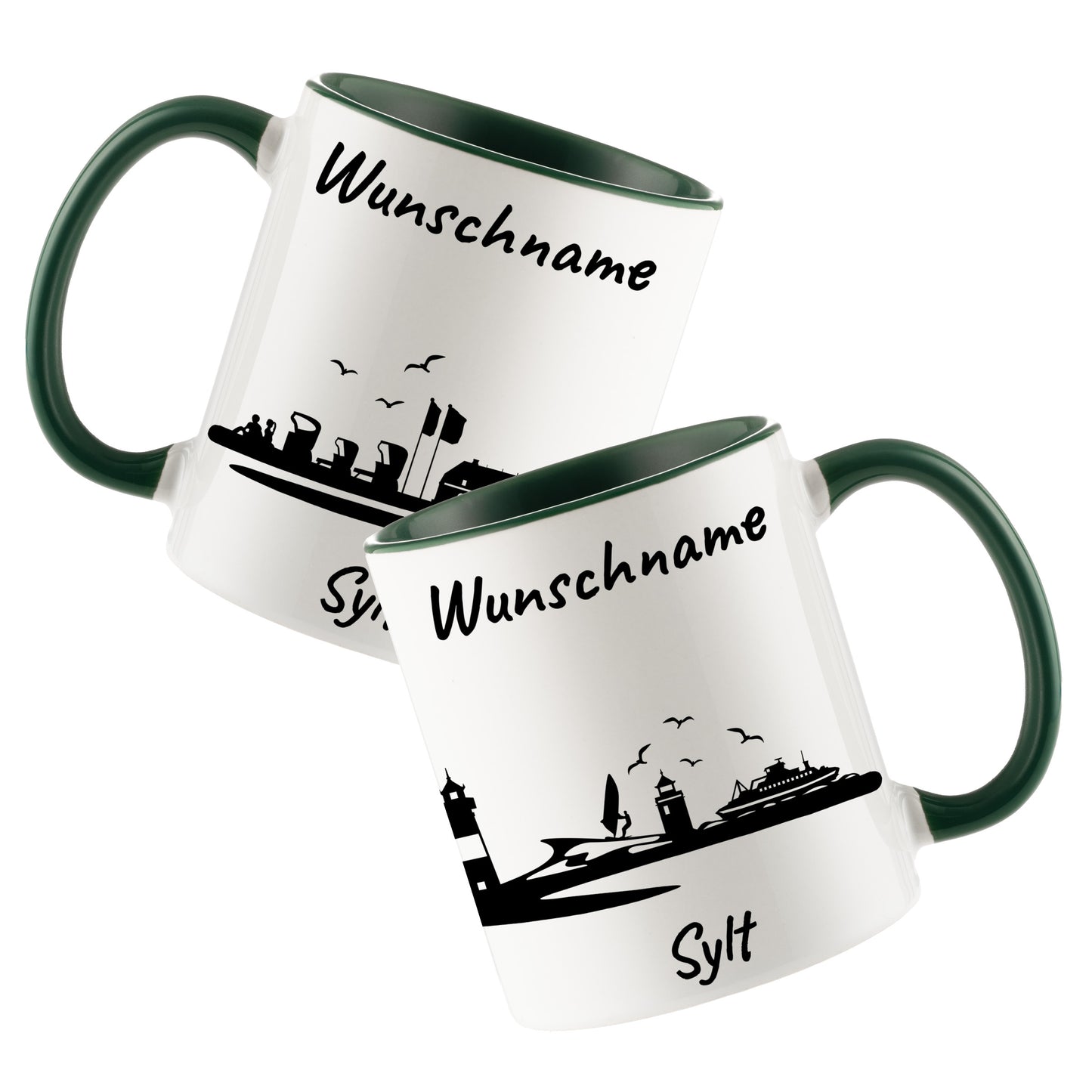 Tasse in Dunkelgrün 330ml bedruckt mit der Skyline von Sylt personalisierbar mit Wunschname