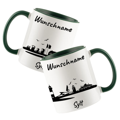 Tasse in Dunkelgrün 330ml bedruckt mit der Skyline von Sylt personalisierbar mit Wunschname
