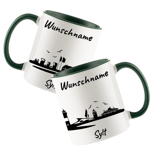 Tasse in Dunkelgrün 330ml bedruckt mit der Skyline von Sylt personalisierbar mit Wunschname