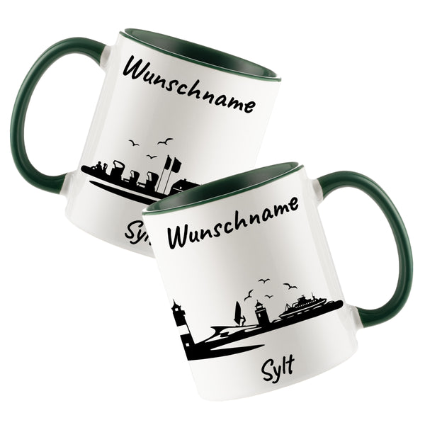 Tasse in Dunkelgrün 330ml bedruckt mit der Skyline von Sylt personalisierbar mit Wunschname