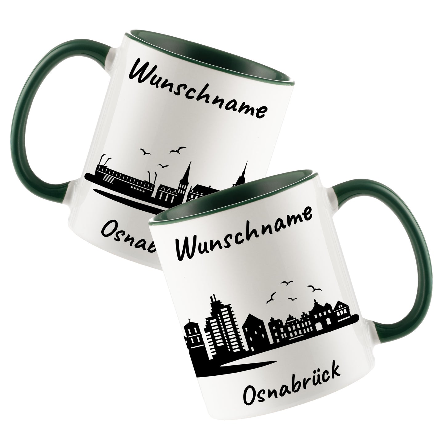 Tasse in Dunkelgrün 330ml bedruckt mit der Skyline von Osnabrück personalisierbar mit Wunschname