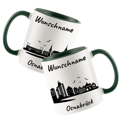 Tasse in Dunkelgrün 330ml bedruckt mit der Skyline von Osnabrück personalisierbar mit Wunschname