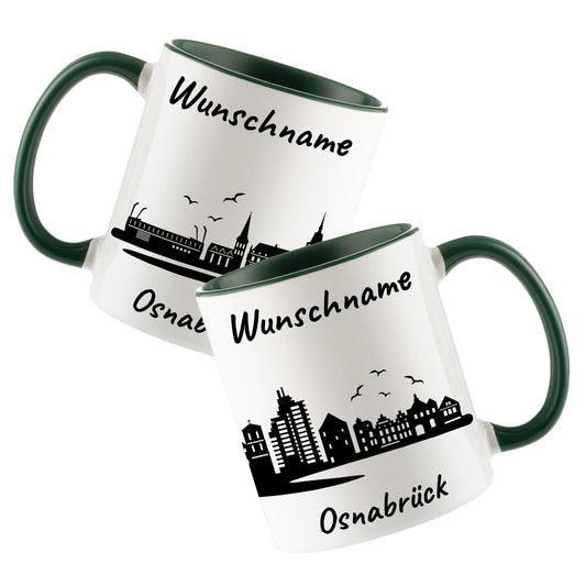 Tasse in Dunkelgrün 330ml bedruckt mit der Skyline von Osnabrück personalisierbar mit Wunschname