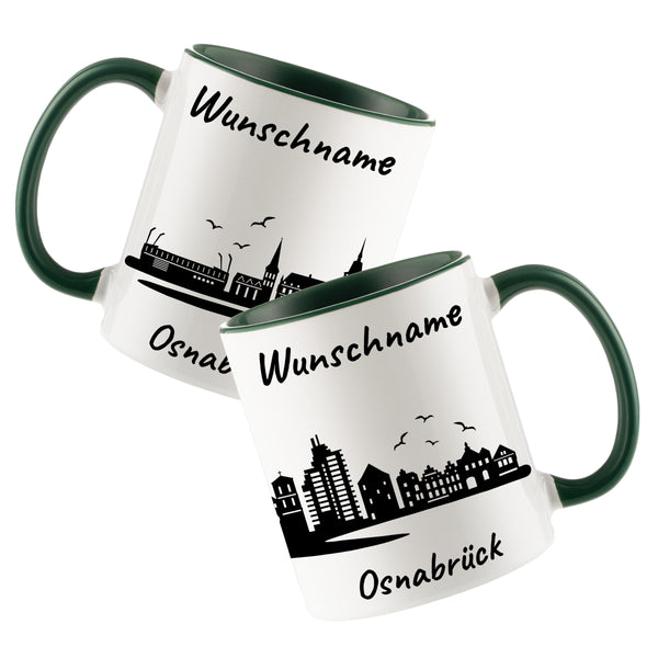Tasse in Dunkelgrün 330ml bedruckt mit der Skyline von Osnabrück personalisierbar mit Wunschname