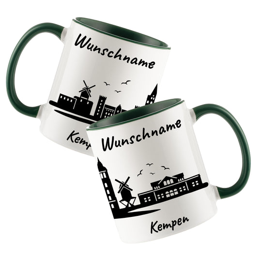 Tasse in Dunkelgrün 330ml bedruckt mit der Skyline von Kempen personalisierbar mit Wunschname