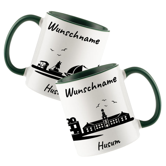 Tasse in Dunkelgrün 330ml bedruckt mit der Skyline von Husum personalisierbar mit Wunschname