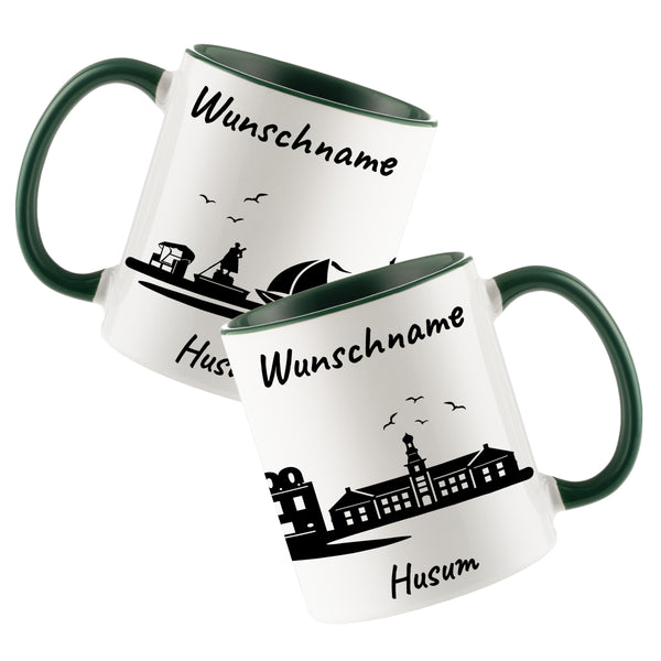Tasse in Dunkelgrün 330ml bedruckt mit der Skyline von Husum personalisierbar mit Wunschname