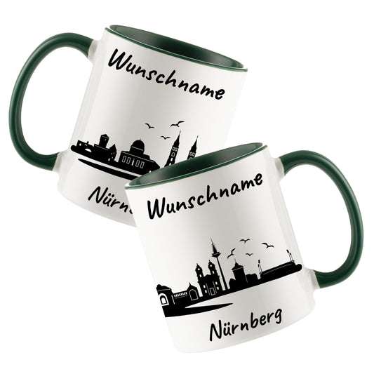 Tasse in Dunkelgrün 330ml bedruckt mit der Skyline von Nürnberg personalisierbar mit Wunschname