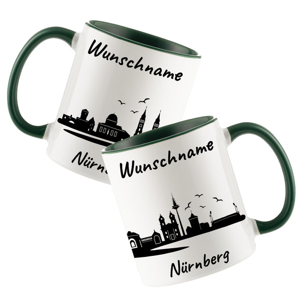 Tasse in Dunkelgrün 330ml bedruckt mit der Skyline von Nürnberg personalisierbar mit Wunschname