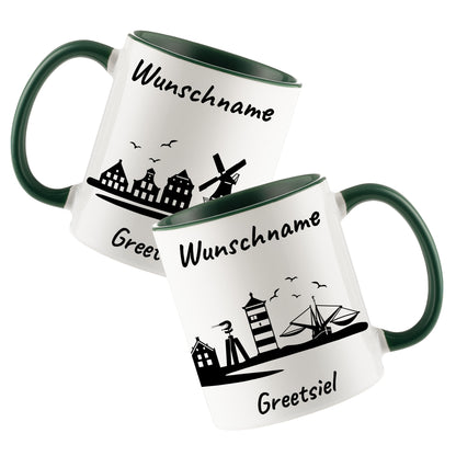 Tasse in Dunkelgrün 330ml bedruckt mit der Skyline von Greetsiel personalisierbar mit Wunschname