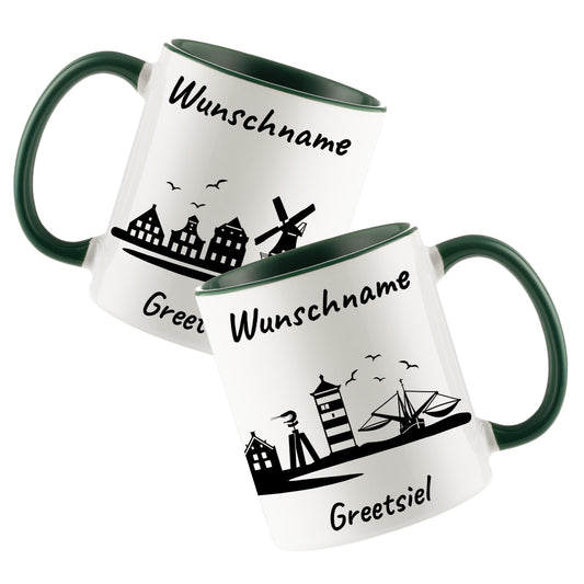Tasse in Dunkelgrün 330ml bedruckt mit der Skyline von Greetsiel personalisierbar mit Wunschname
