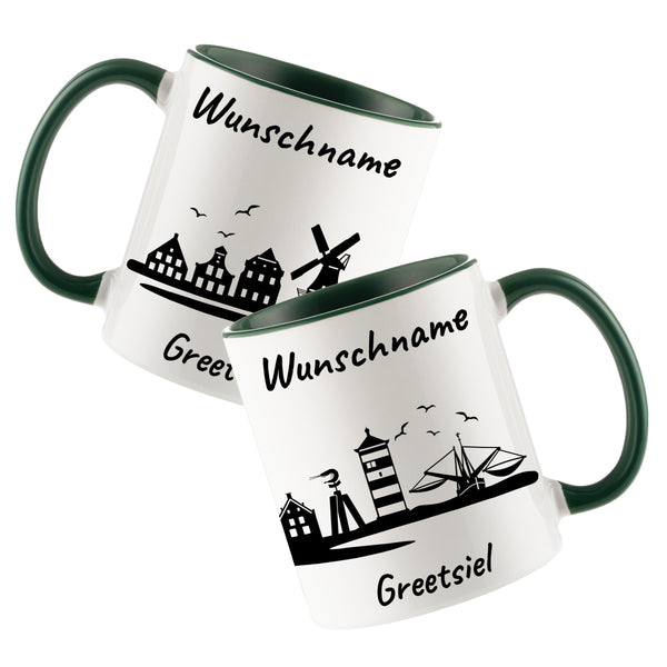 Tasse in Dunkelgrün 330ml bedruckt mit der Skyline von Greetsiel personalisierbar mit Wunschname