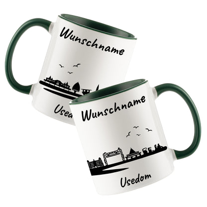 Tasse in Dunkelgrün 330ml bedruckt mit der Skyline von Usedom personalisierbar mit Wunschname