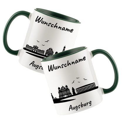 Tasse in Dunkelgrün 330ml bedruckt mit der Skyline von Augsburg personalisierbar mit Wunschname