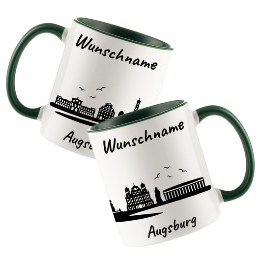 Tasse in Dunkelgrün 330ml bedruckt mit der Skyline von Augsburg personalisierbar mit Wunschname