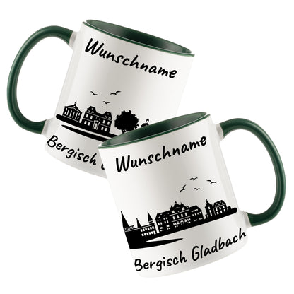 Tasse in Dunkelgrün 330ml bedruckt mit der Skyline von Bergisch Gladbach personalisierbar mit Wunschname