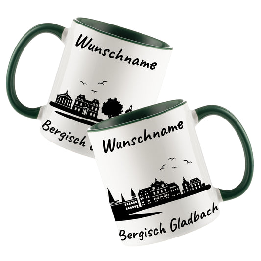 Tasse in Dunkelgrün 330ml bedruckt mit der Skyline von Bergisch Gladbach personalisierbar mit Wunschname