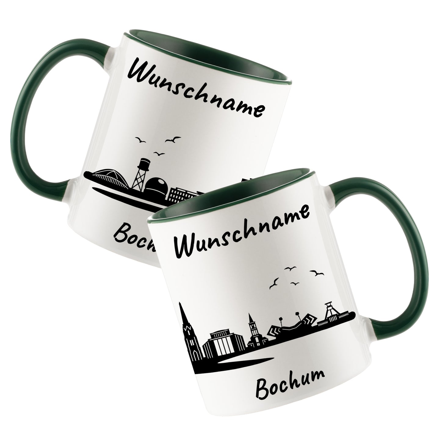 Tasse in Dunkelgrün 330ml bedruckt mit der Skyline von Bochum personalisierbar mit Wunschname