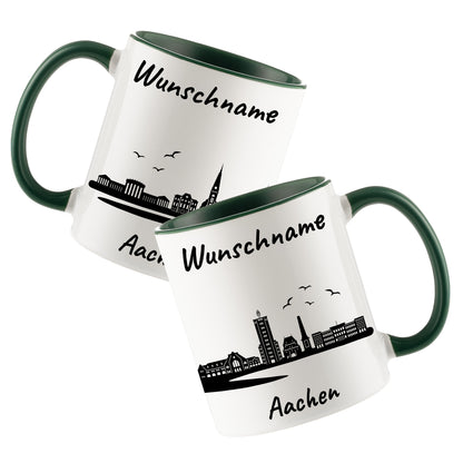 Tasse in Dunkelgrün 330ml bedruckt mit der Skyline von Aachen personalisierbar mit Wunschname