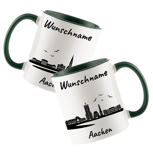 Tasse in Dunkelgrün 330ml bedruckt mit der Skyline von Aachen personalisierbar mit Wunschname