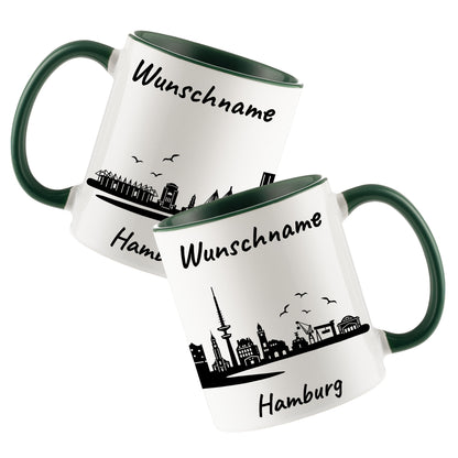 Tasse in Dunkelgrün 330ml bedruckt mit der Skyline von Hamburg personalisierbar mit Wunschname