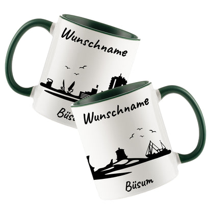 Tasse in Dunkelgrün 330ml bedruckt mit der Skyline von Büsum personalisierbar mit Wunschname