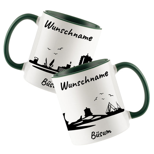 Tasse in Dunkelgrün 330ml bedruckt mit der Skyline von Büsum personalisierbar mit Wunschname