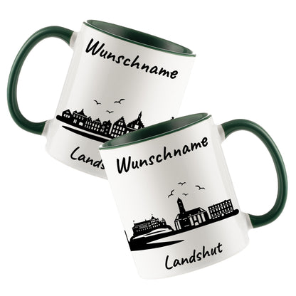 Tasse in Dunkelgrün 330ml bedruckt mit der Skyline von Landshut personalisierbar mit Wunschname