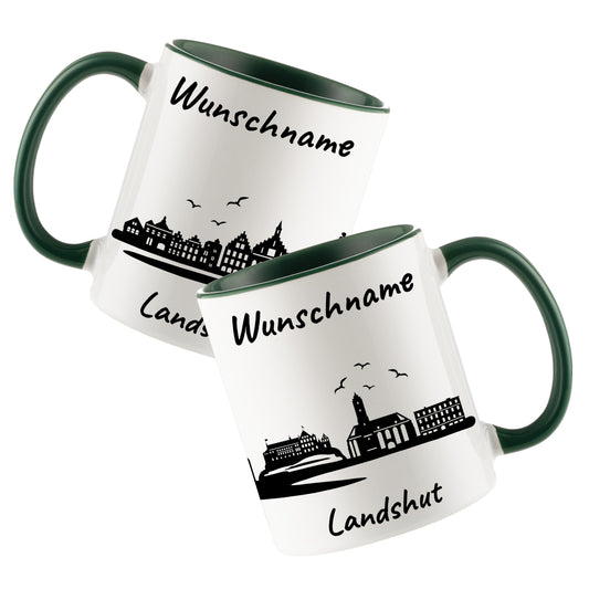 Tasse in Dunkelgrün 330ml bedruckt mit der Skyline von Landshut personalisierbar mit Wunschname