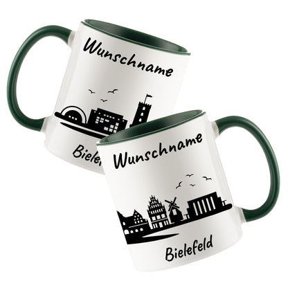 Tasse in Dunkelgrün 330ml bedruckt mit der Skyline von Bielefeld personalisierbar mit Wunschname