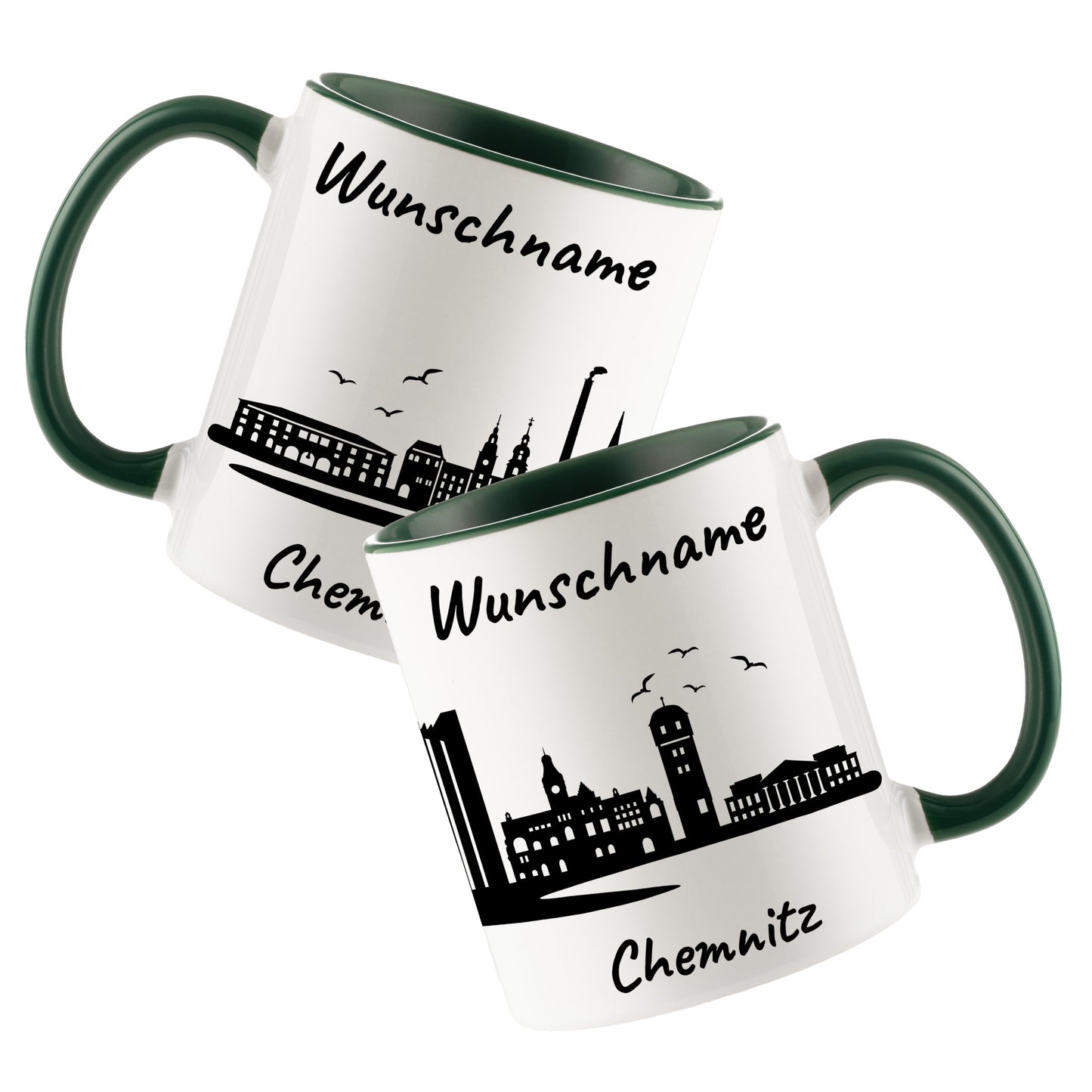 Tasse in Dunkelgrün 330ml bedruckt mit der Skyline von Chemnitz personalisierbar mit Wunschname