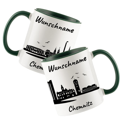 Tasse in Dunkelgrün 330ml bedruckt mit der Skyline von Chemnitz personalisierbar mit Wunschname
