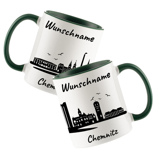 Tasse in Dunkelgrün 330ml bedruckt mit der Skyline von Chemnitz personalisierbar mit Wunschname