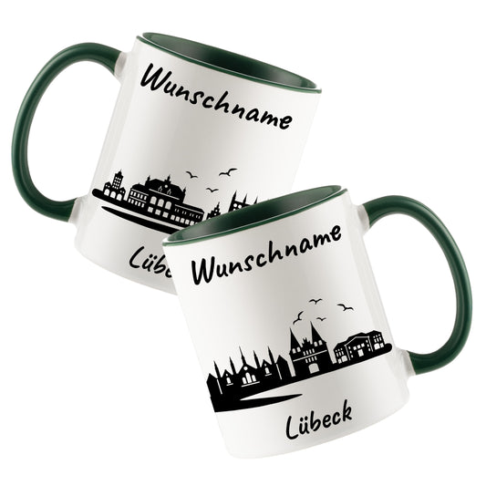 Tasse in Dunkelgrün 330ml bedruckt mit der Skyline von Lübeck personalisierbar mit Wunschname