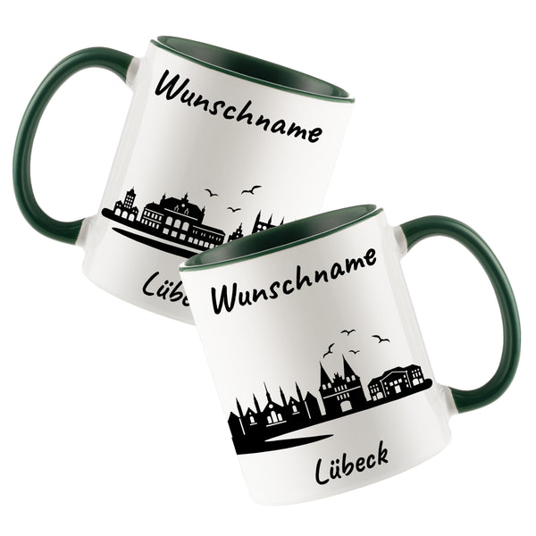 Tasse in Dunkelgrün 330ml bedruckt mit der Skyline von Lübeck personalisierbar mit Wunschname