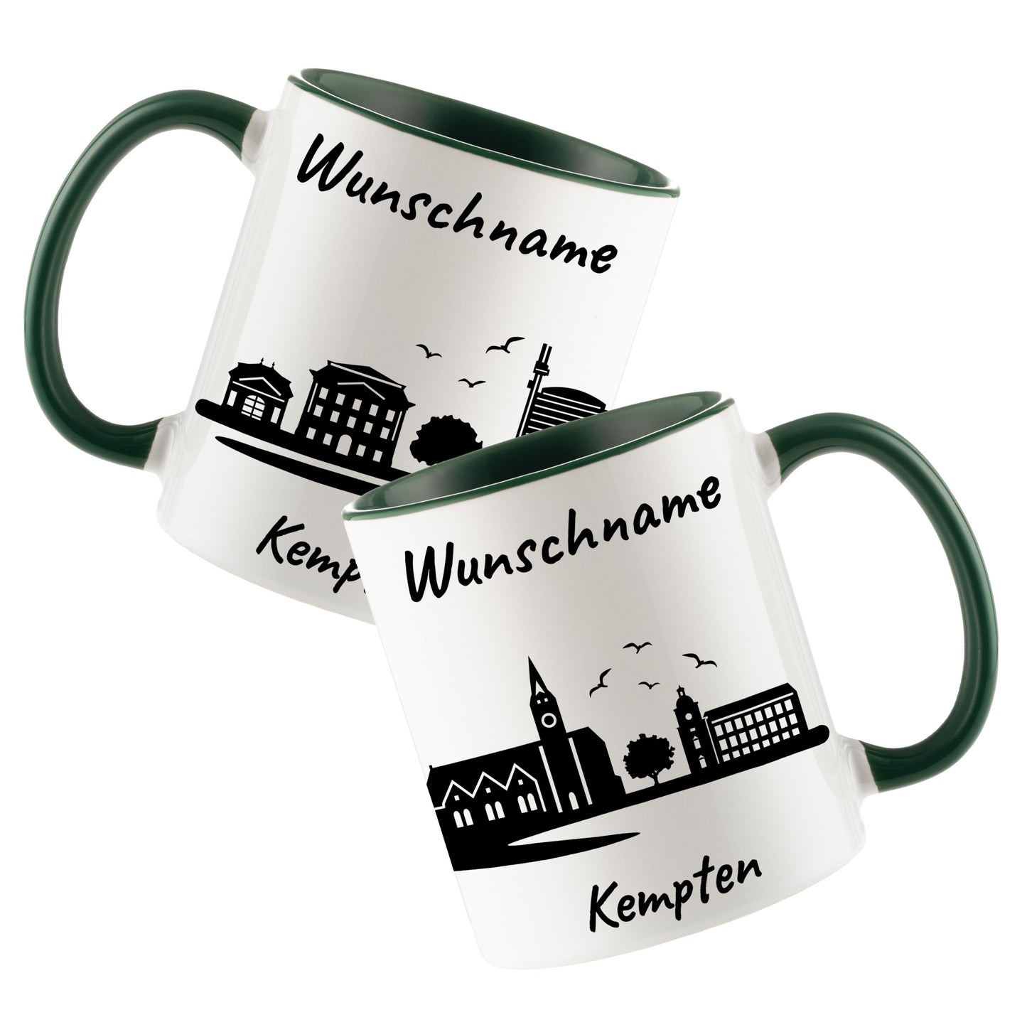 Tasse in Dunkelgrün 330ml bedruckt mit der Skyline von Kempten personalisierbar mit Wunschname