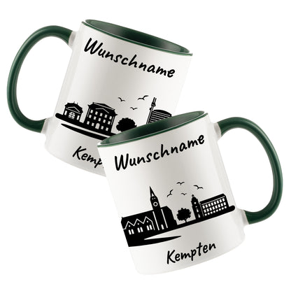 Tasse in Dunkelgrün 330ml bedruckt mit der Skyline von Kempten personalisierbar mit Wunschname