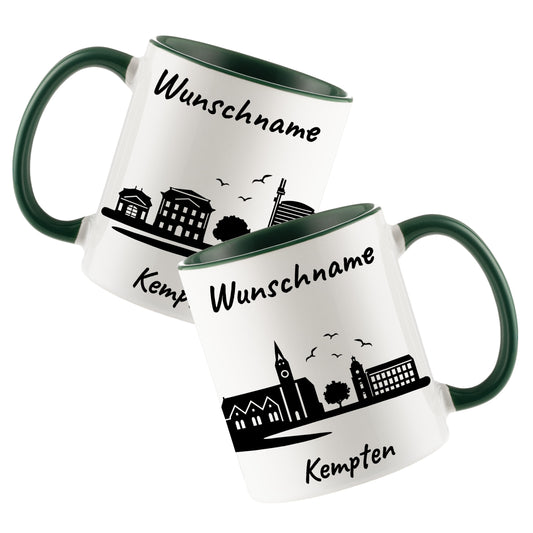 Tasse in Dunkelgrün 330ml bedruckt mit der Skyline von Kempten personalisierbar mit Wunschname