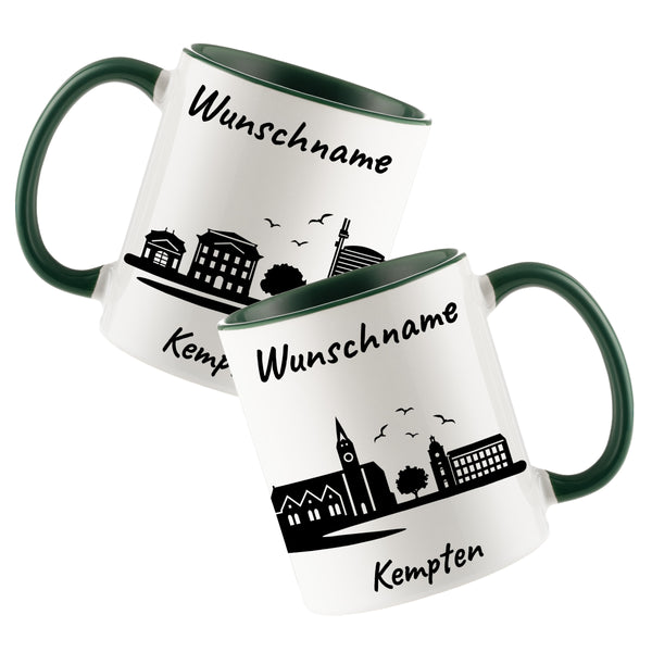Tasse in Dunkelgrün 330ml bedruckt mit der Skyline von Kempten personalisierbar mit Wunschname