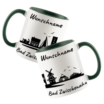 Tasse in Dunkelgrün 330ml bedruckt mit der Skyline von Bad Zwischenahn personalisierbar mit Wunschname