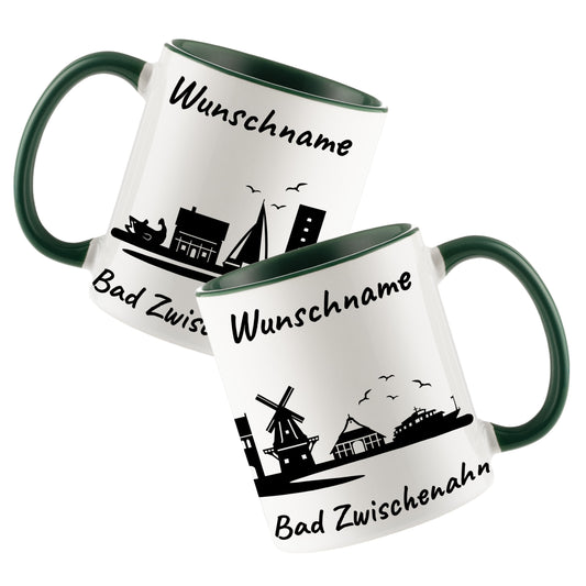 Tasse in Dunkelgrün 330ml bedruckt mit der Skyline von Bad Zwischenahn personalisierbar mit Wunschname