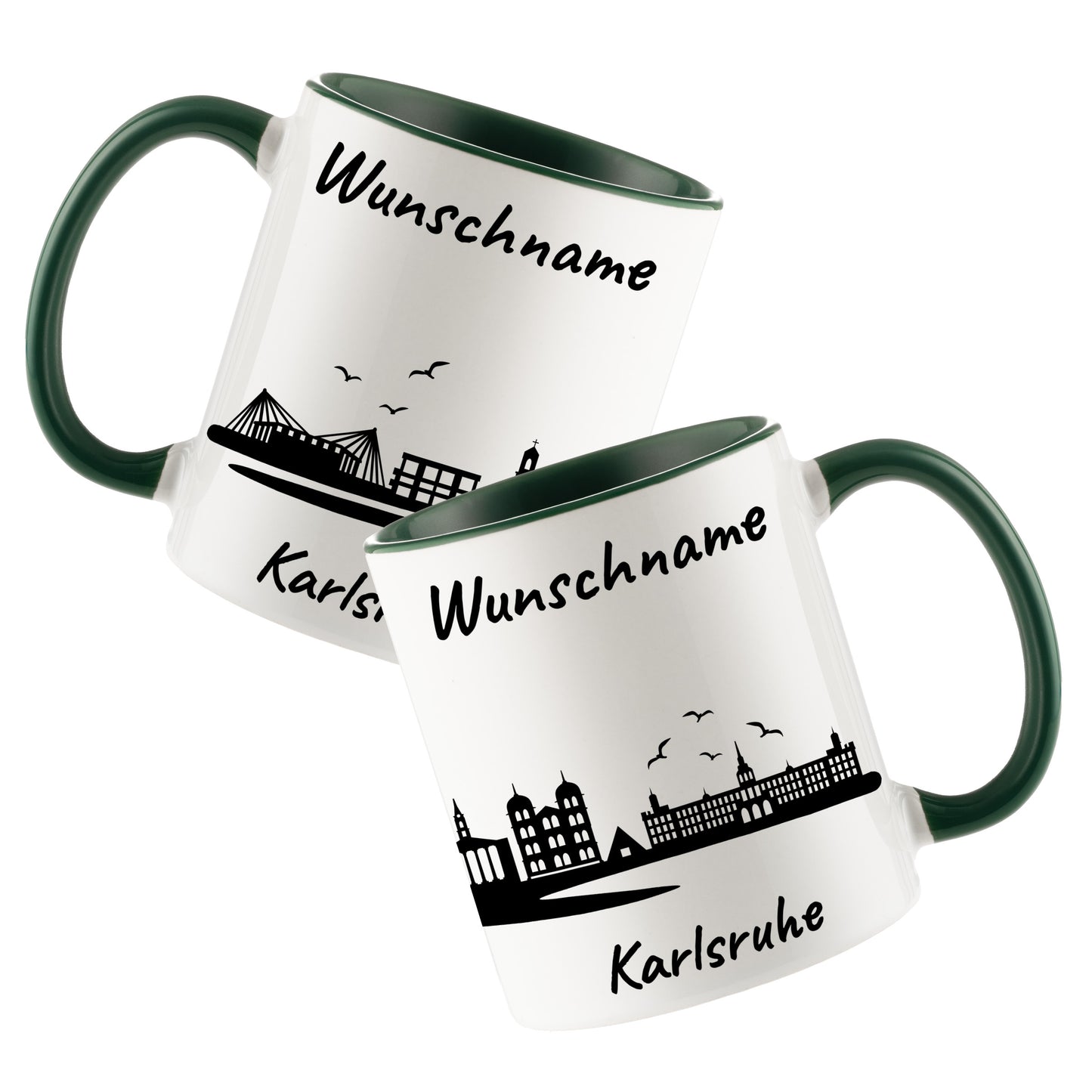 Tasse in Dunkelgrün 330ml bedruckt mit der Skyline von Karlsruhe personalisierbar mit Wunschname
