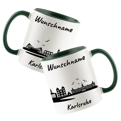 Tasse in Dunkelgrün 330ml bedruckt mit der Skyline von Karlsruhe personalisierbar mit Wunschname