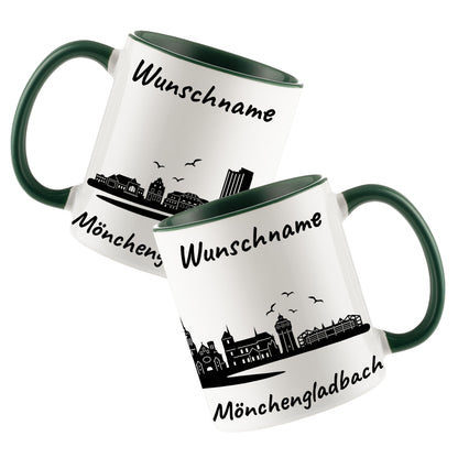 Tasse in Dunkelgrün 330ml bedruckt mit der Skyline von Mönchengladbach personalisierbar mit Wunschname