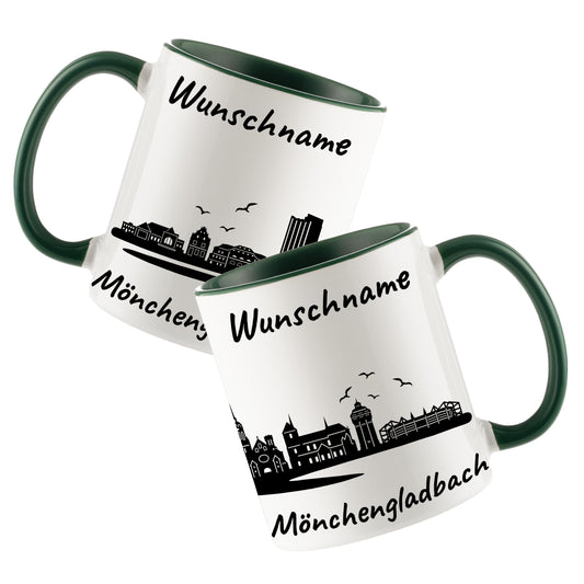 Tasse in Dunkelgrün 330ml bedruckt mit der Skyline von Mönchengladbach personalisierbar mit Wunschname